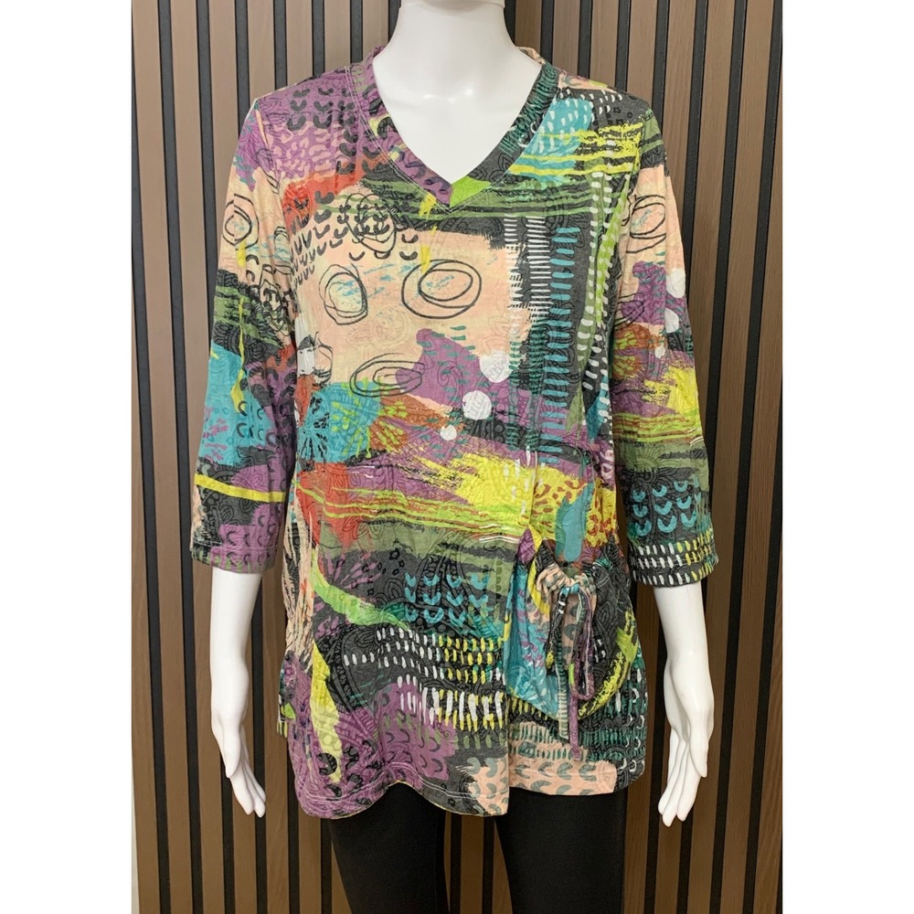 Ali Miles Women's S Art Print V-Neck 3/4 Sleeve Side Tie Tunic Top Lagenlook